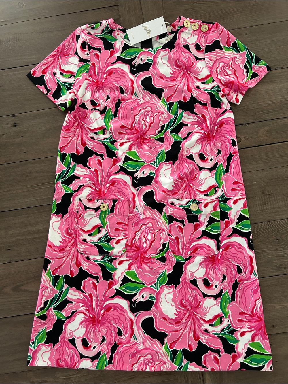 Lilly Pulitzer Mattison Shift Dress with Pink Peonies and Flamingos CUTE & COMFY